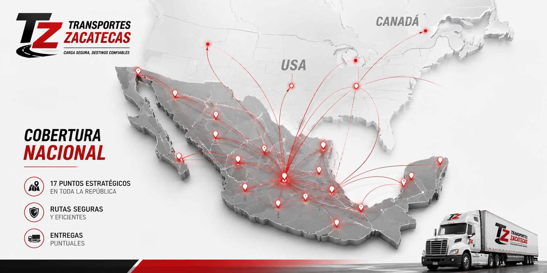 Mapa de cobertura nacional e internacional de Transportes Zacatecas