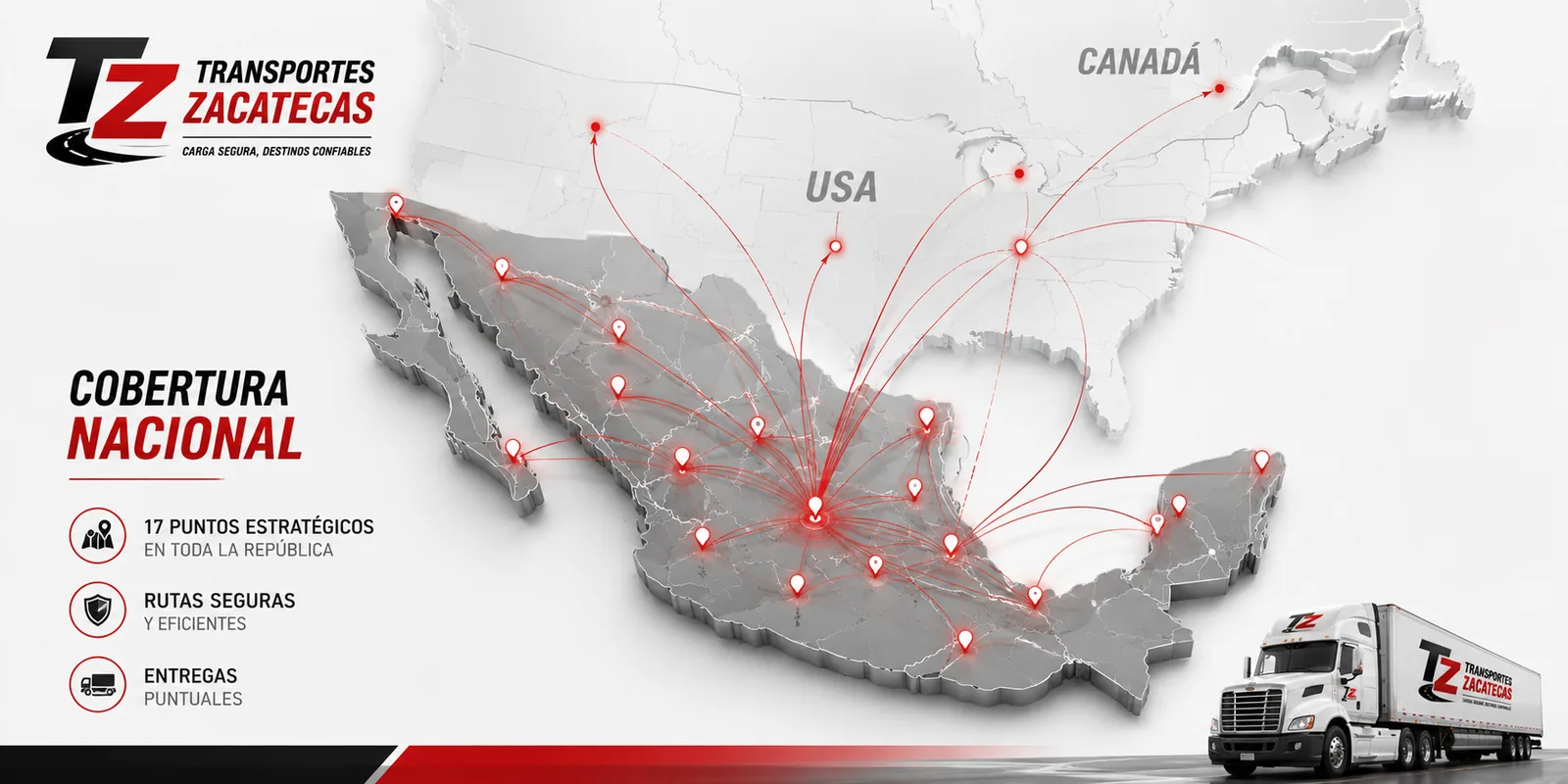 Mapa de cobertura nacional e internacional de Transportes Zacatecas